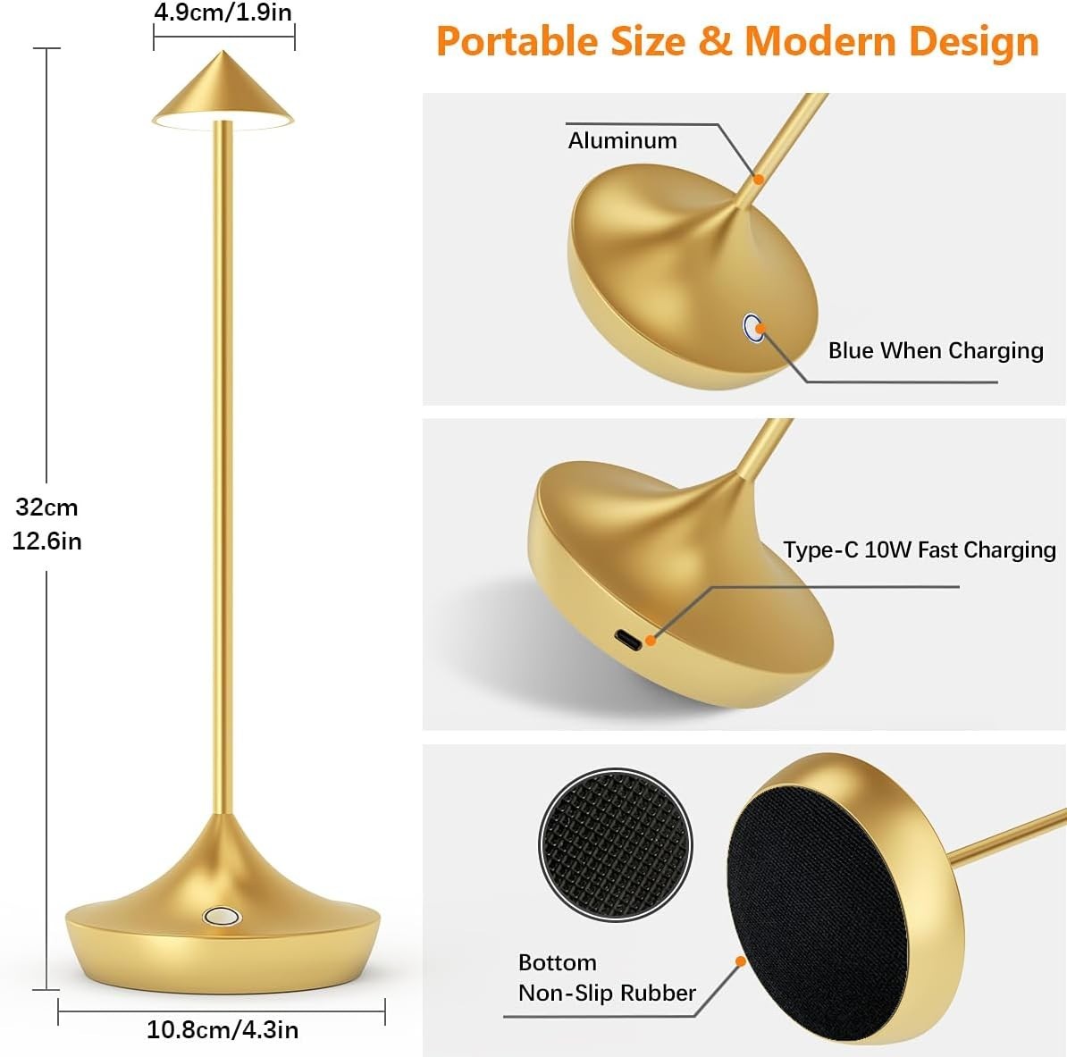 Rechargeable Cordless LED Table Lamps 2pcs Gold, Dimmable, Portable