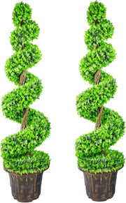 Pair Spiral Topiary Trees 120cm Large Leaf Artificial Boxwood Decorative Planter