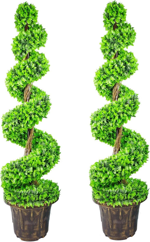 Pair Spiral Topiary Trees 120cm Large Leaf Artificial Boxwood Decorative Planter