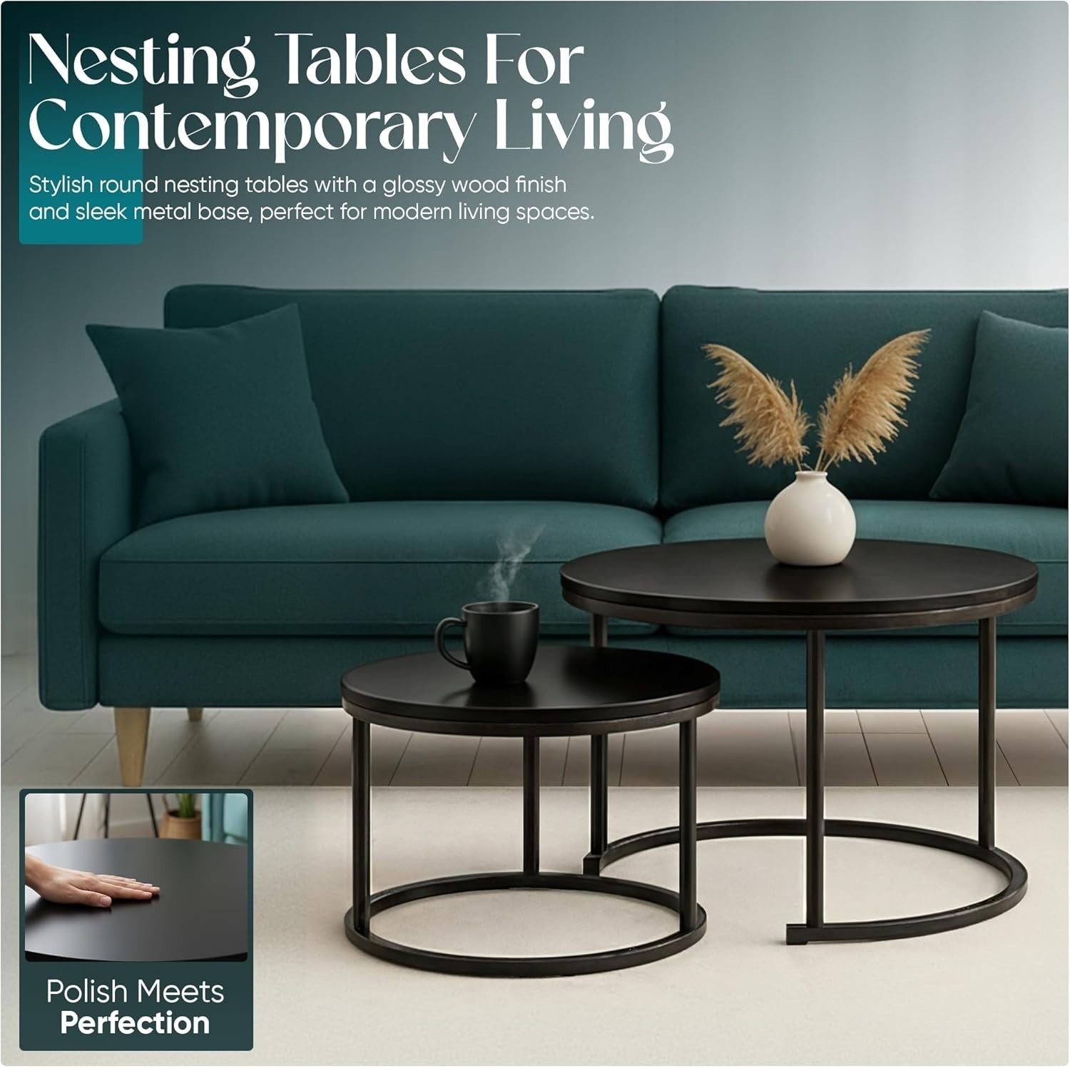 Round Nesting Coffee Tables Set for Living Room, Black Metal & Wood, Stackable