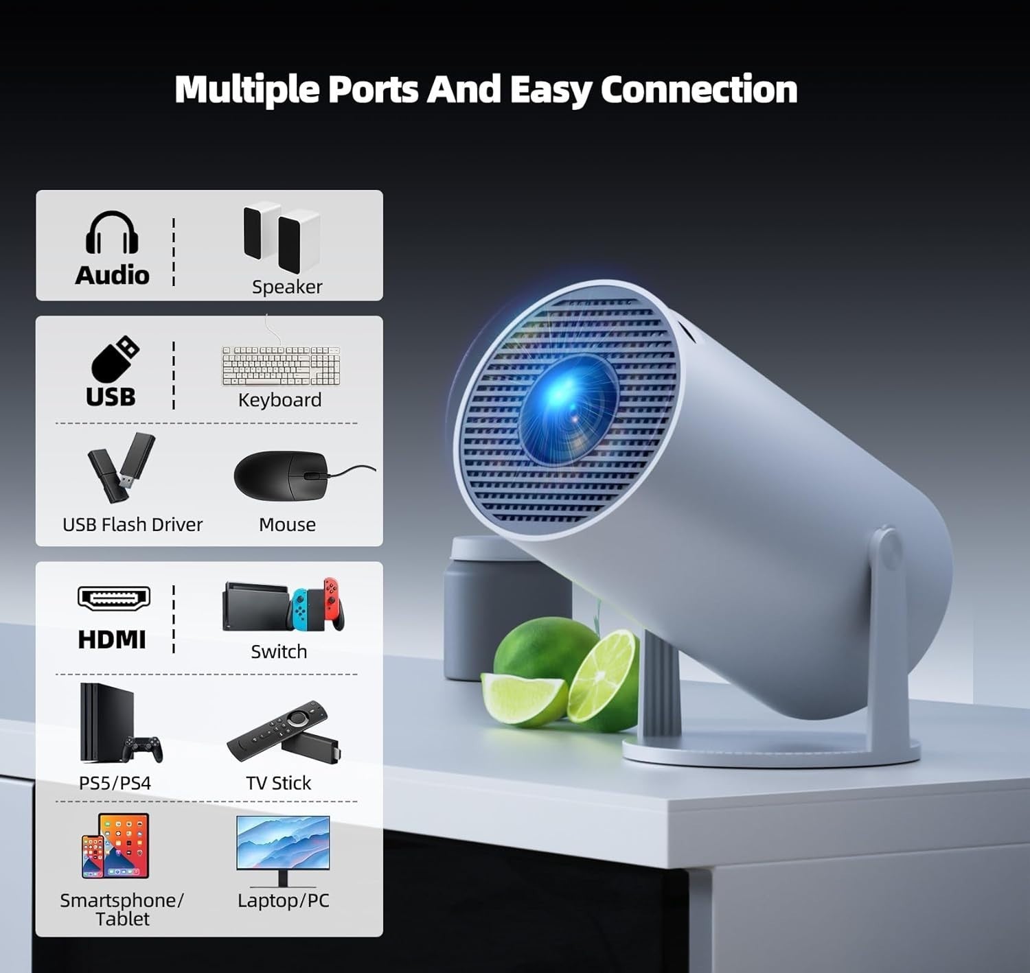 Android 11 WiFi6 Mini Projector 4K Support 220° Rotating Home Cinema
