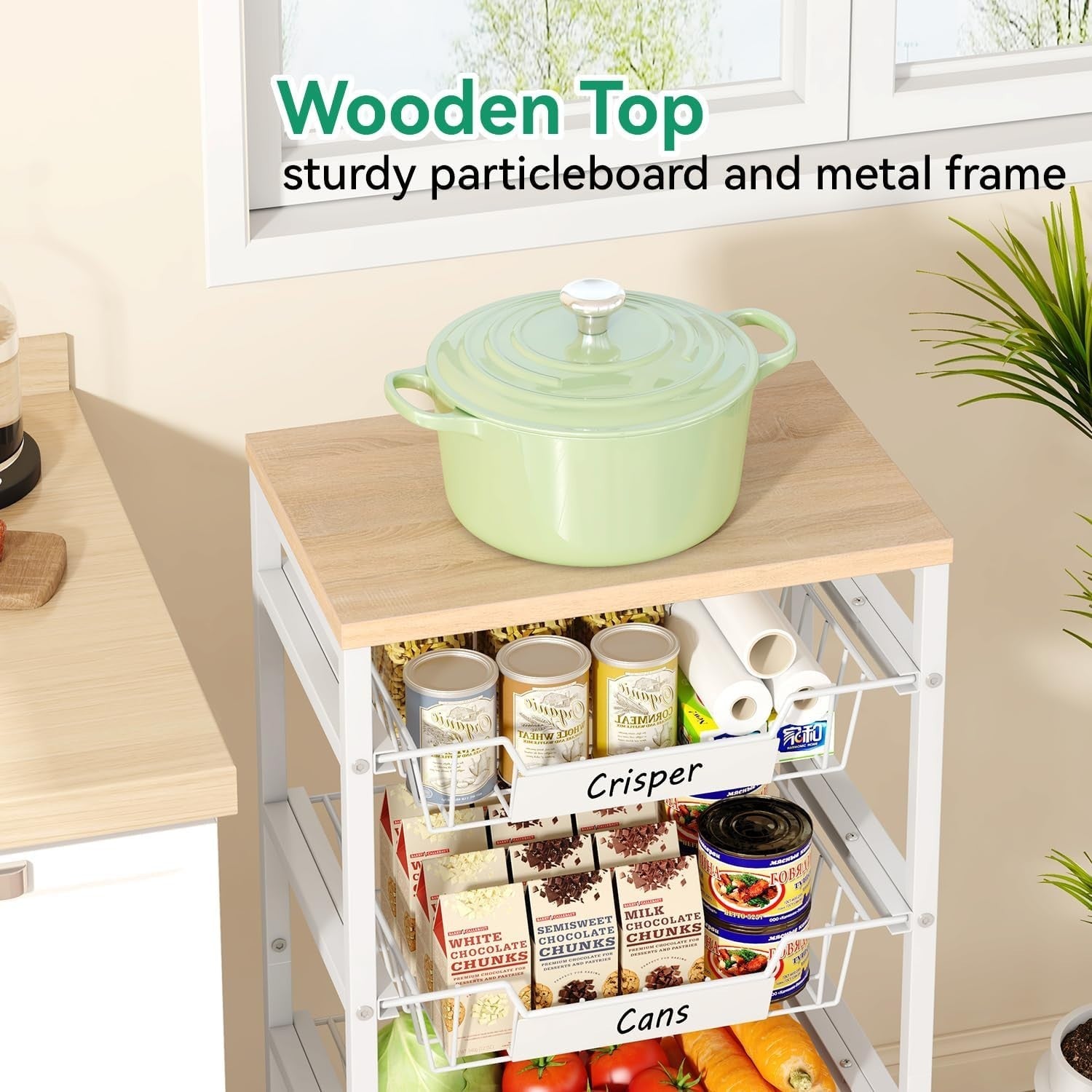 5 Tier Rolling Kitchen Storage Cart Fruit Basket Utility Trolley Wood Top
