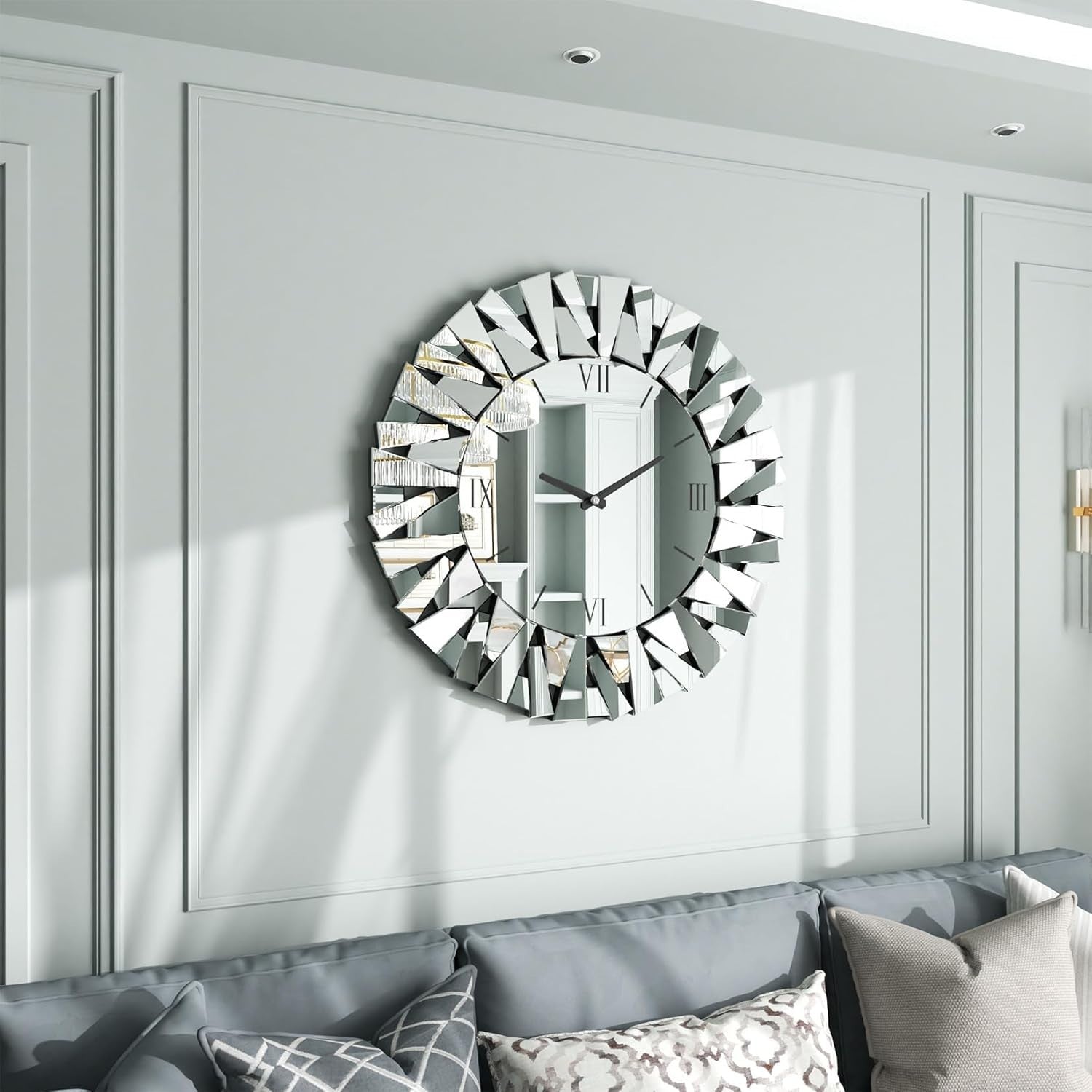 80cm Bevelled Mirror Wall Clock Silent Roman Luxury Glass Decor Round