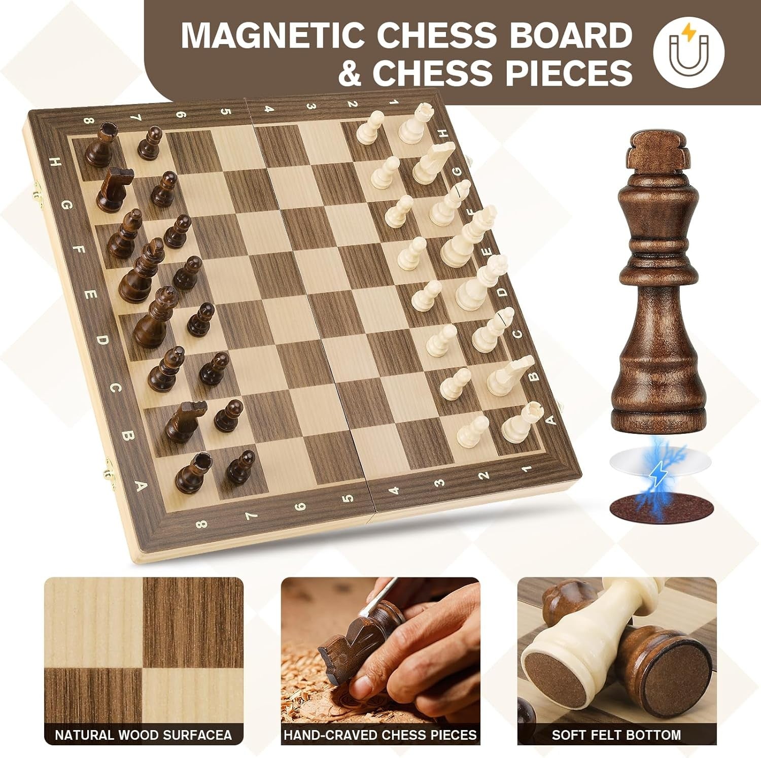 38cm Wooden Magnetic Folding Chess Set with Extra Queens & Storage Box