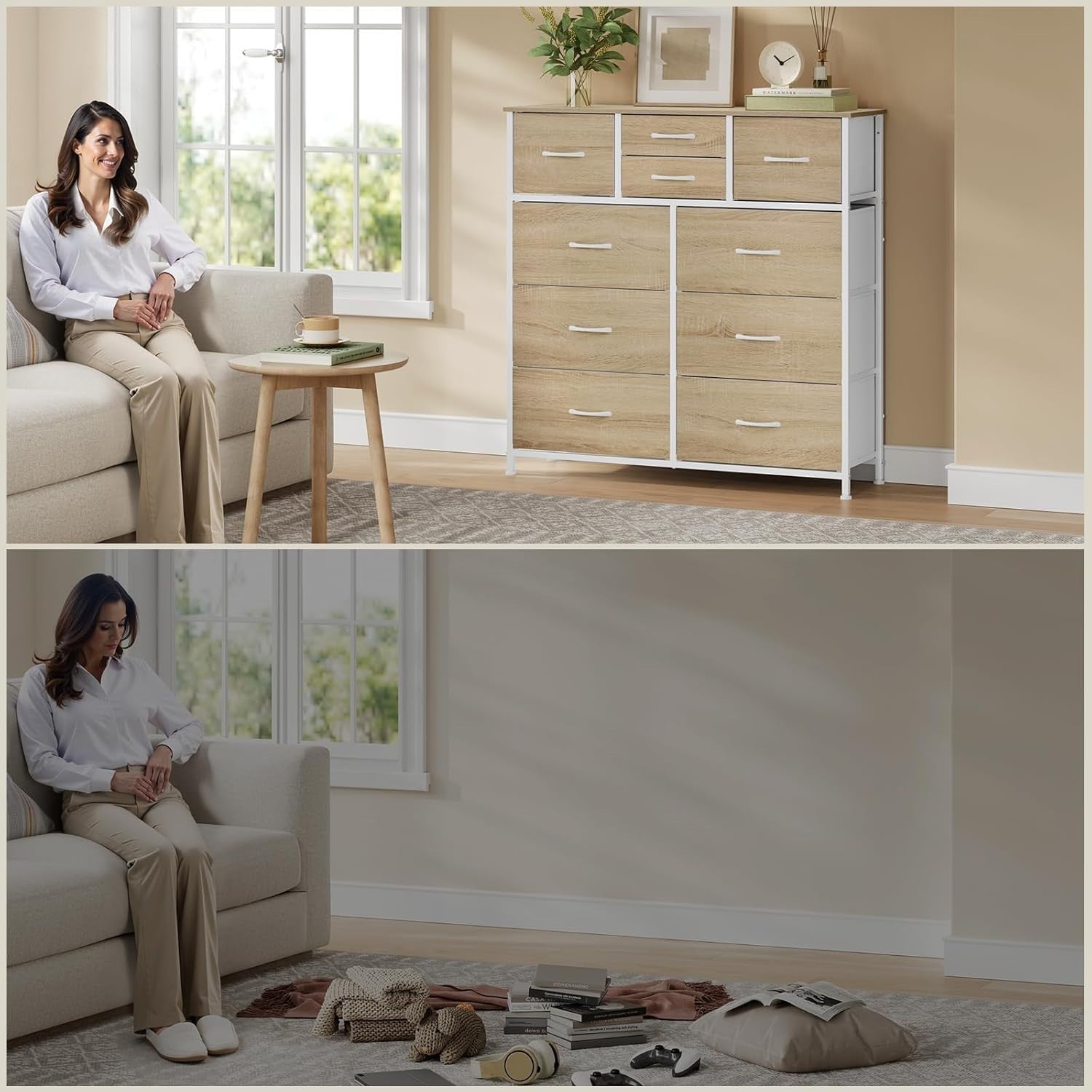 Tall Chest of Drawers 10 Fabric Storage Unit Light Oak White Metal Frame