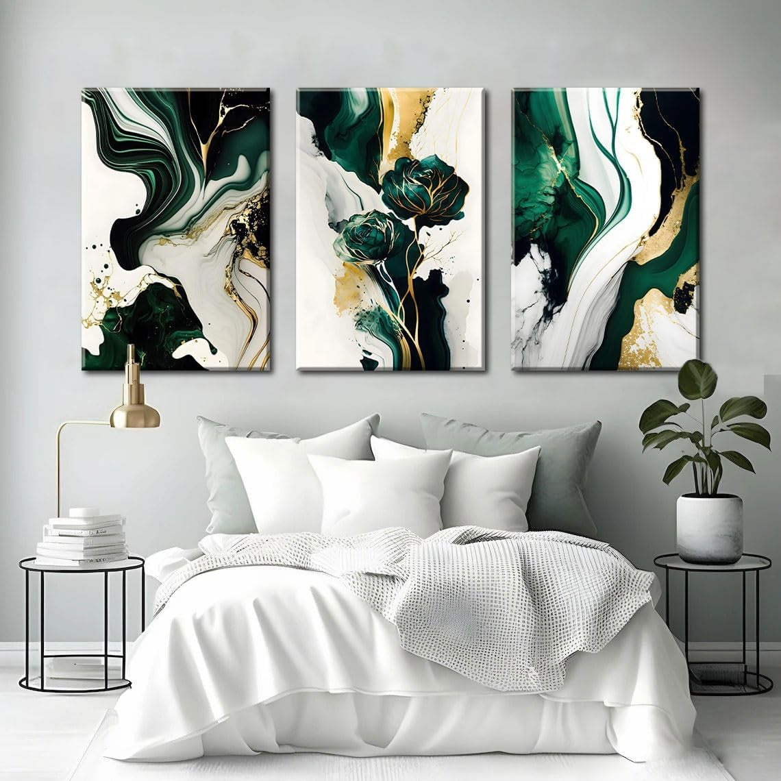Emerald Green Gold Abstract Canvas Wall Art 3 Piece Set