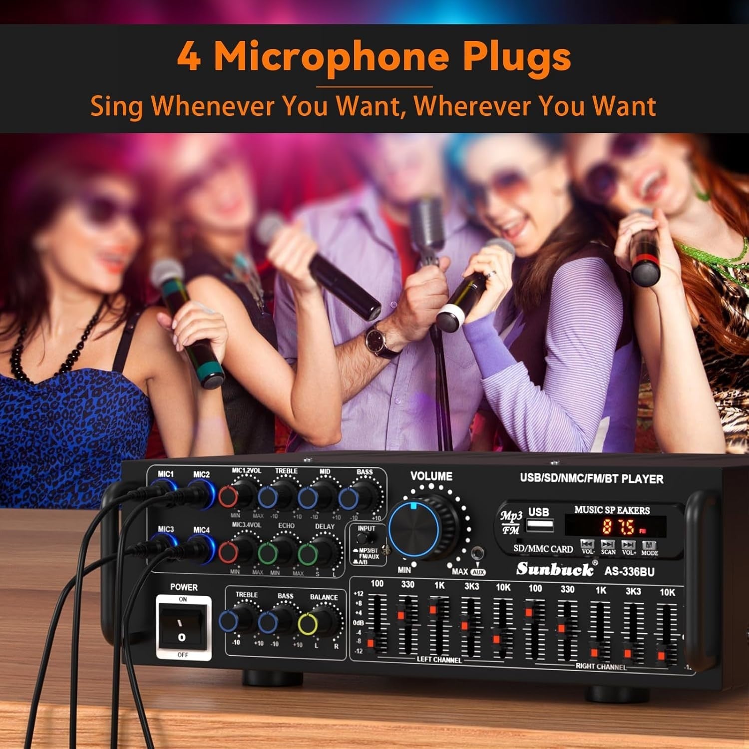 400W Bluetooth HiFi Stereo Amplifier 5 Band EQ 4 Mic Karaoke UK