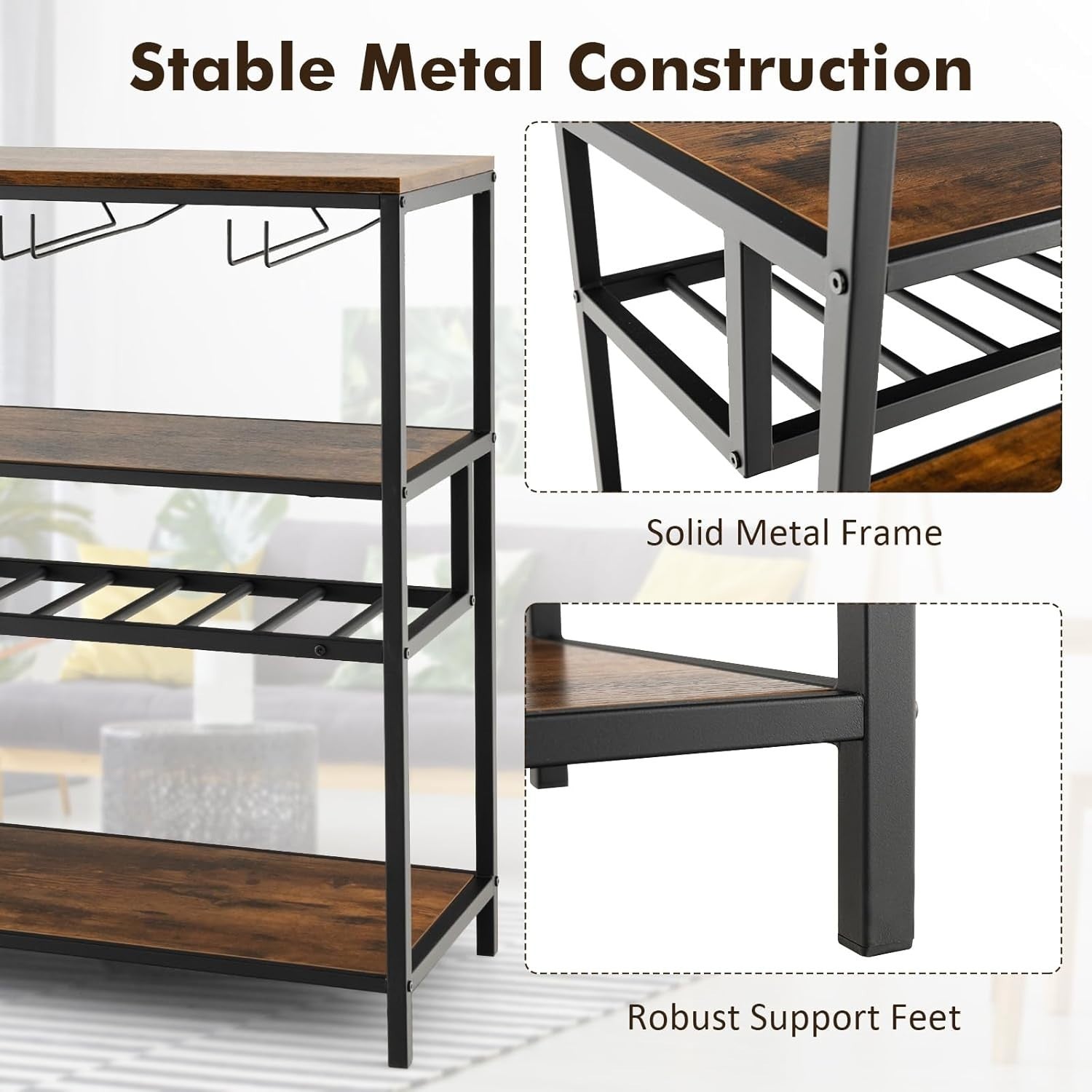4-Tier Wine Rack Bar Table with Glass Holder, Rustic Shelving Unit 102x40x87cm
