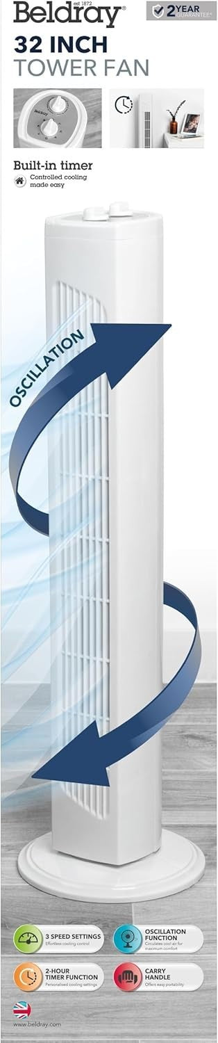 32" Tower Fan – 3-Speed Quiet Oscillating Cooling Fan w/ Timer & Handle White