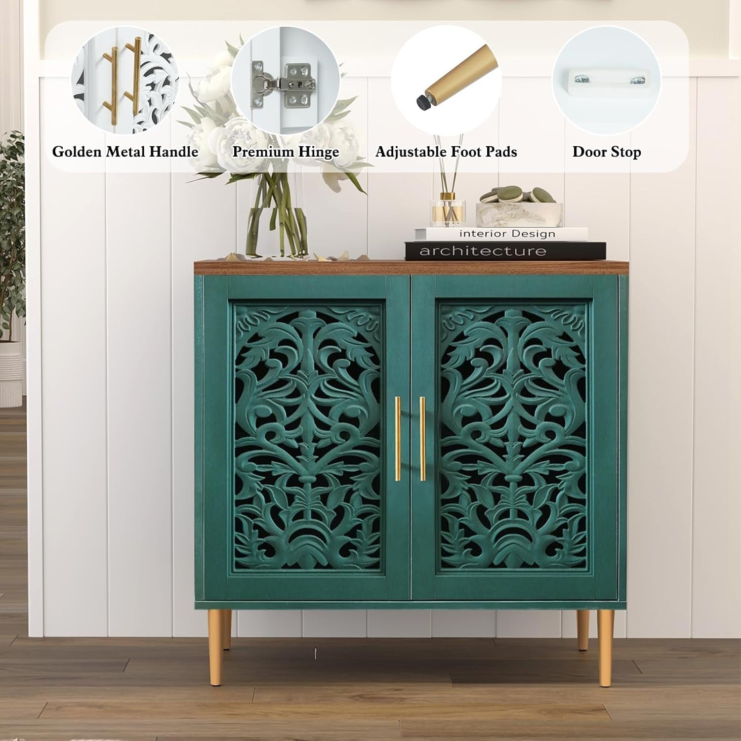 Green Vintage Sideboard Cabinet 2 Door Carved Storage Unit Hallway Accent