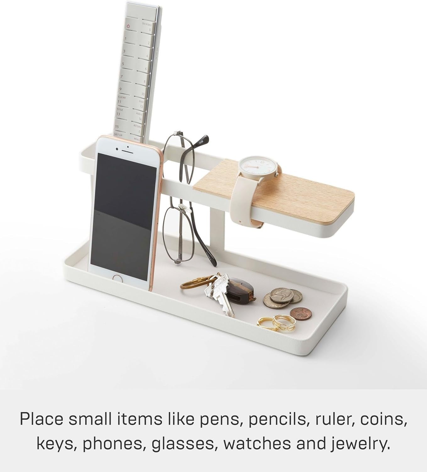 Minimalist Tower Desk Organizer with 4 Compartments – White Wood/Steel