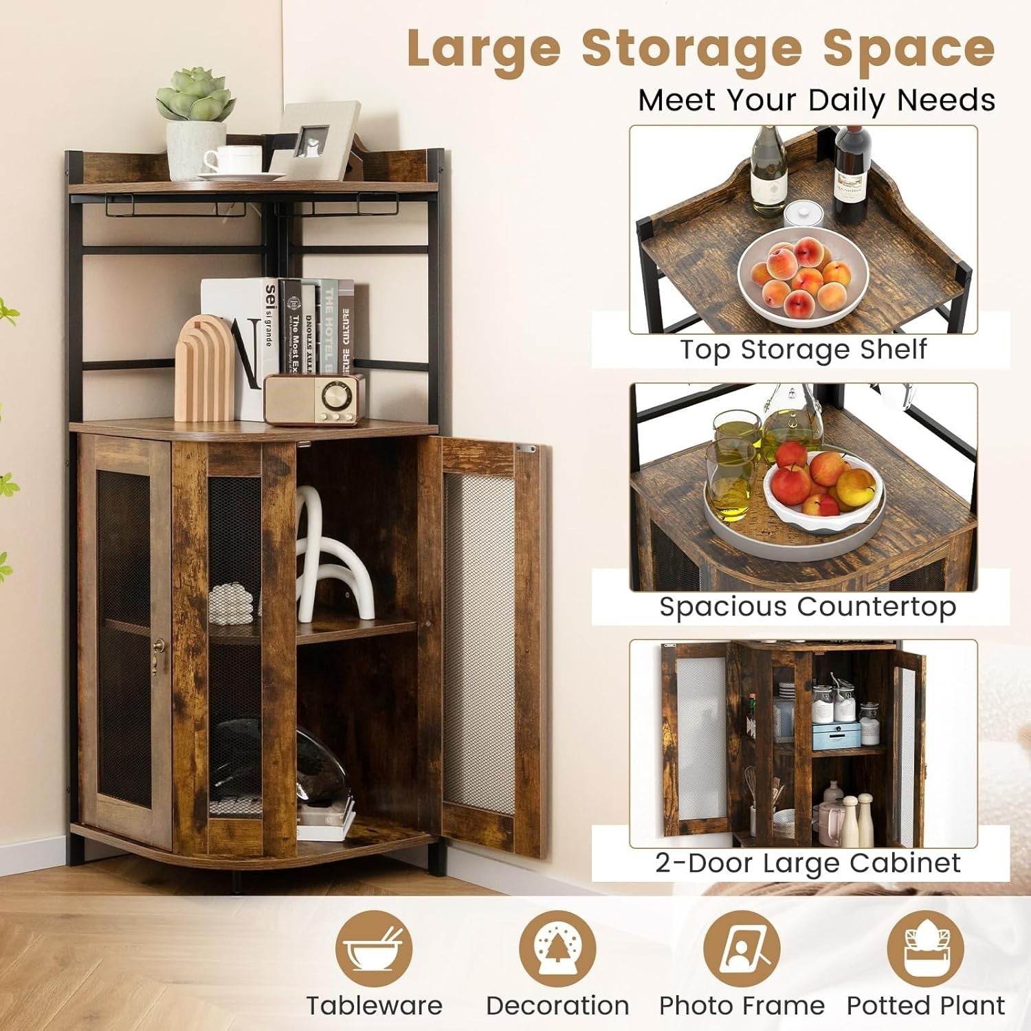 Corner Bar Cabinet Rustic Brown Wine Glass Rack & Liquor Storage Shelves Unit