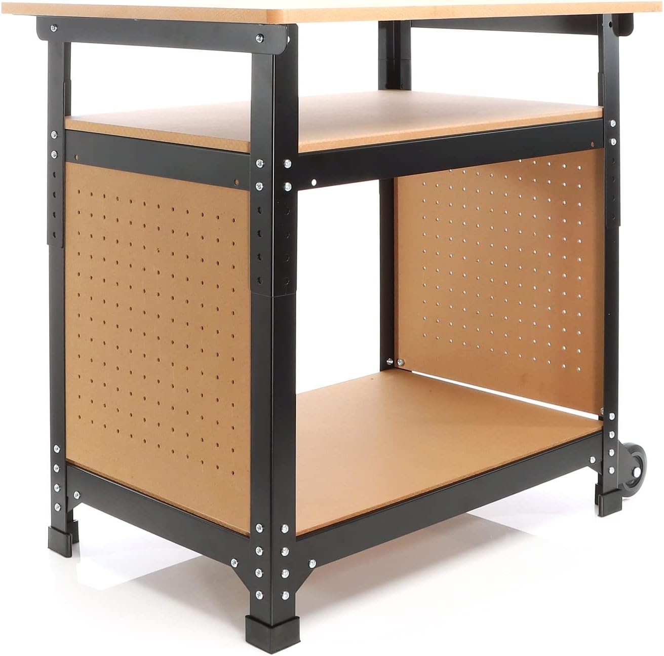 Mobile Adjustable Workbench 66–82cm Steel Table Wheels MDF Top Shelves Pegboard