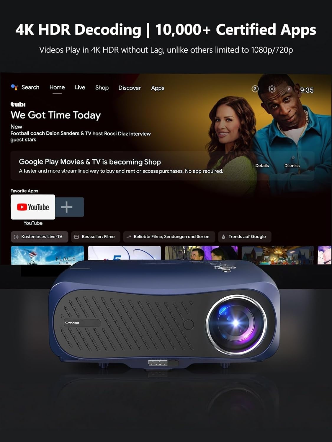 4K Smart Projector 2200 ANSI Android TV WiFi 6 Bluetooth HDR