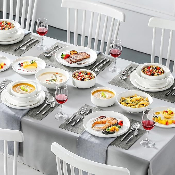 24 Piece White Dinner Set Plates Bowls Porcelain Service for 6 Chip Resistant