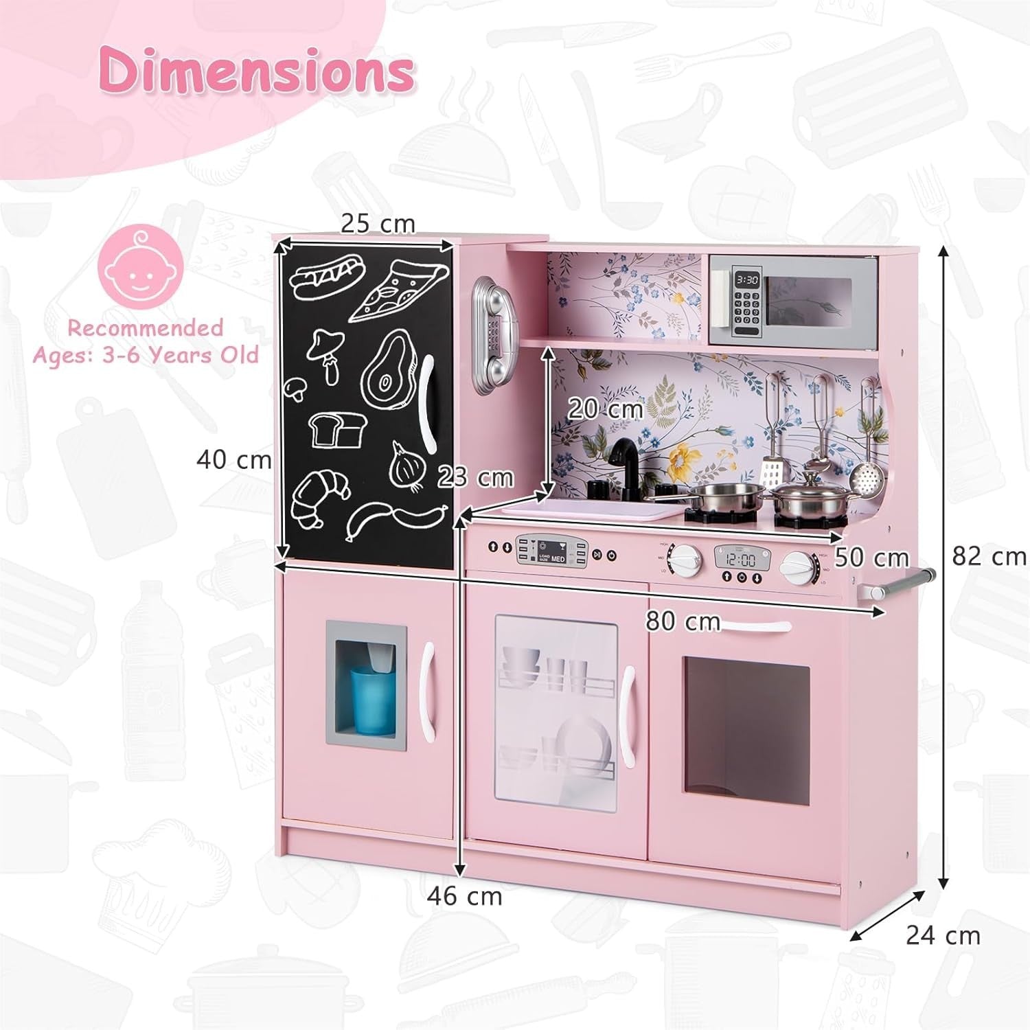 Kids Wooden Play Kitchen Pretend Cooking Set Microwave Ice Maker Pink