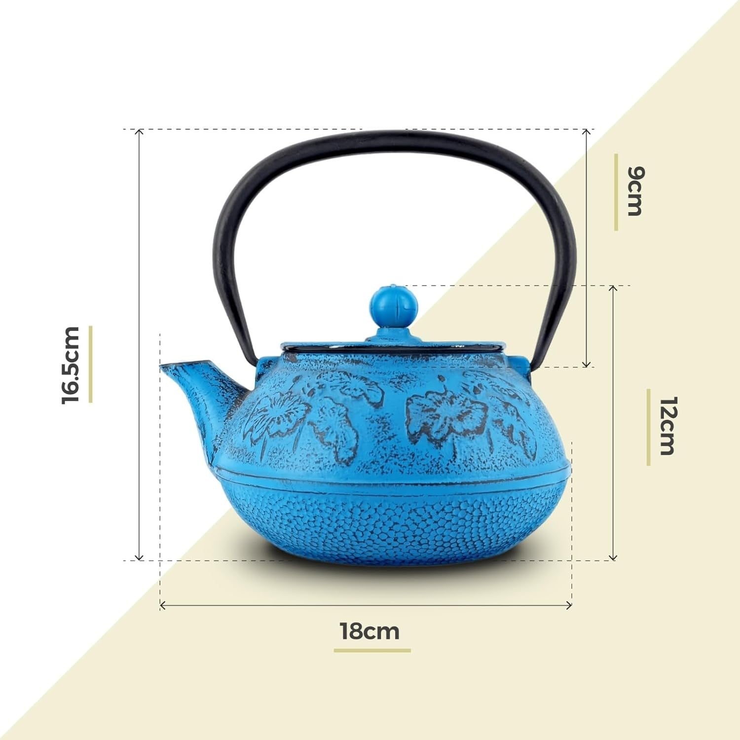 Cast Iron Teapot 900ml Tea Pot w/ Infuser Blue Floral Tetsubin Style