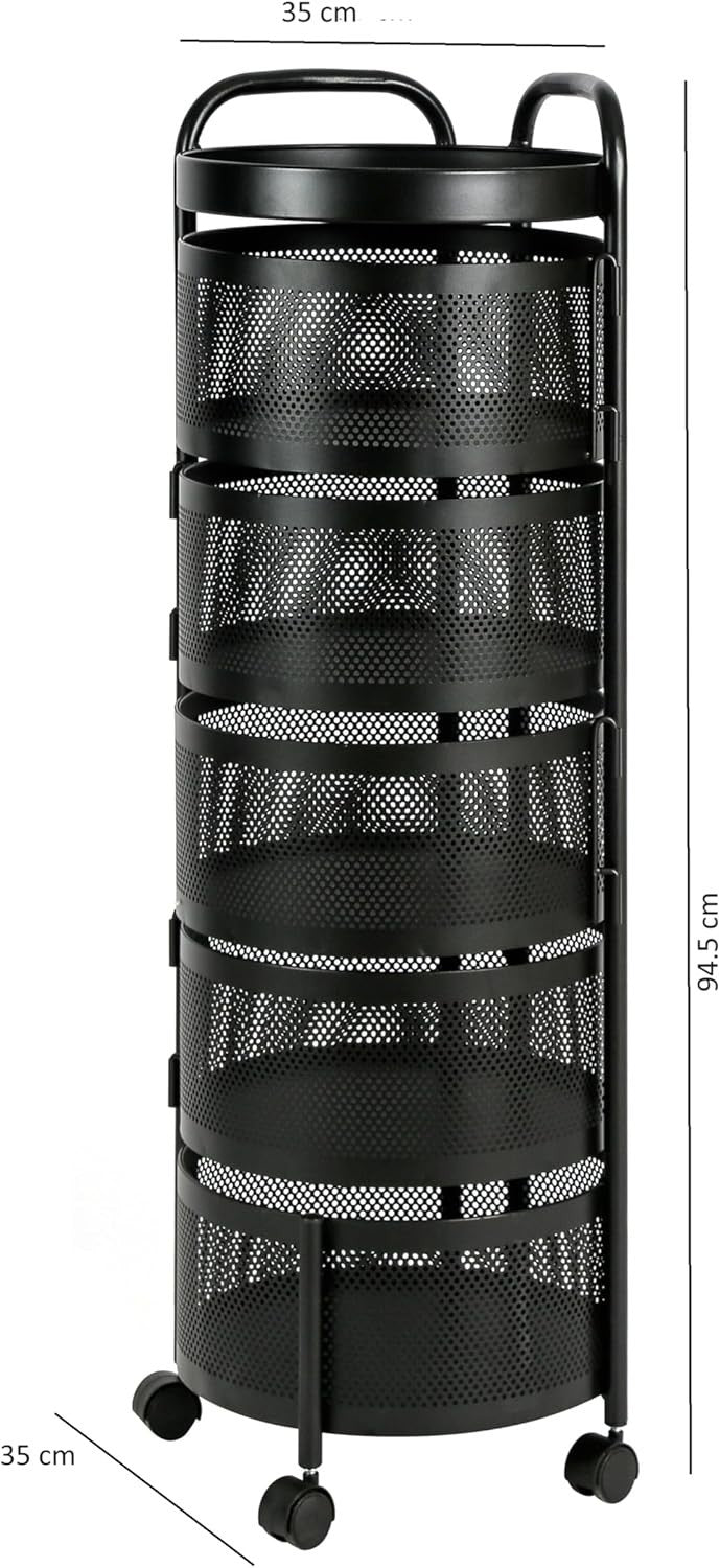 5 Tier Rotating Fruit Basket Trolley Rolling Metal Storage Cart Black