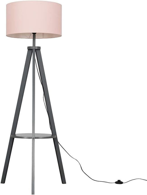 Modern Grey Wood Tripod Floor Lamp w/ Shelf & Pink Shade E27 Bulb Loft Style