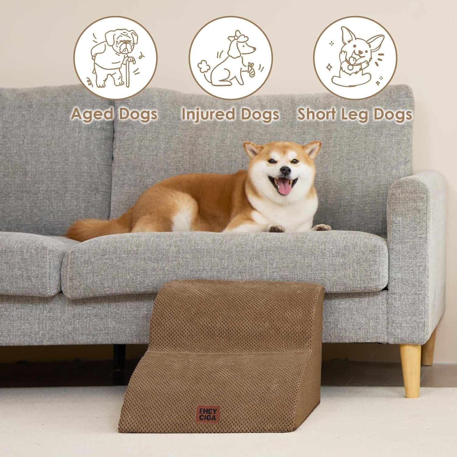 2 Step Dog Stairs for Sofa Non Slip Foam Pet Steps Washable Camel