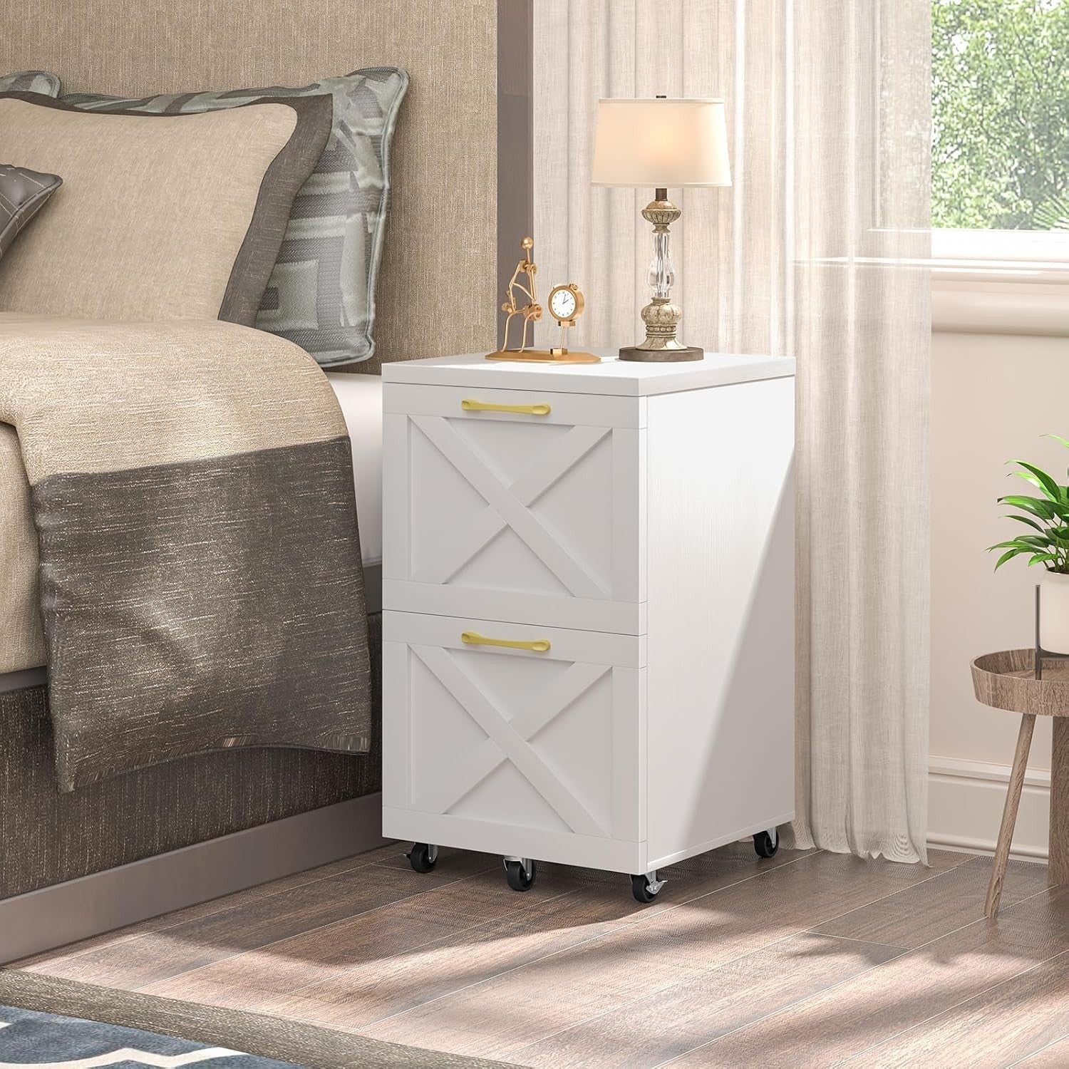 Farmhouse Rolling File Cabinet 2 Drawer A4 Letter Under Desk White