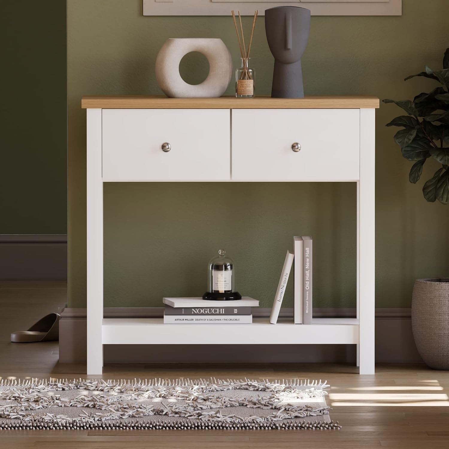 White Console Table with Drawers & Shelf – Slim Hallway Storage Unit