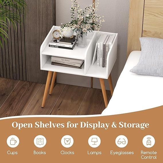 White Wooden Bedside Table with Open Shelves & Metal Legs – Modern Small