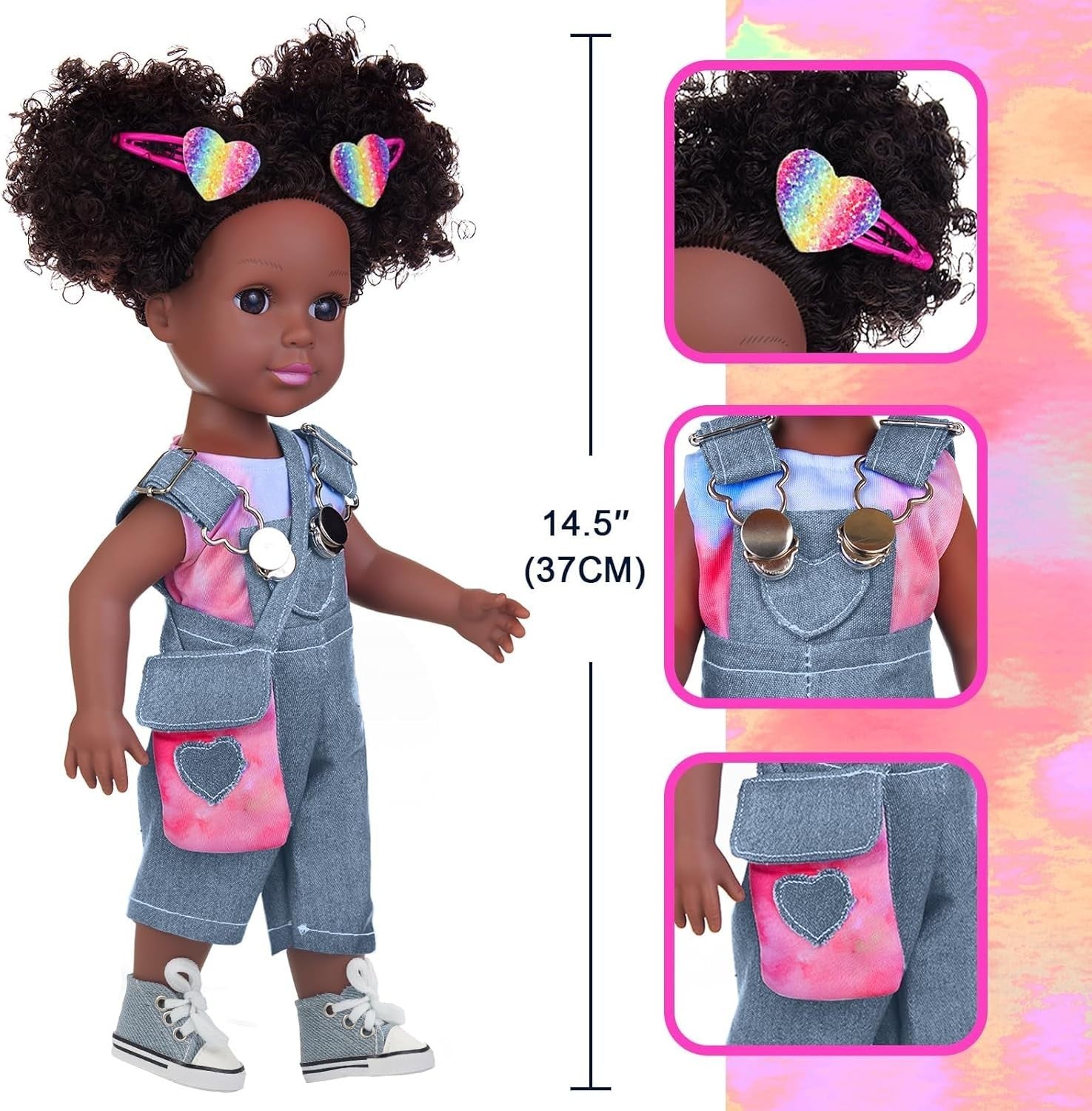 14.5” Black Baby Doll Silicone Girl Rainbow Outfit Accessories