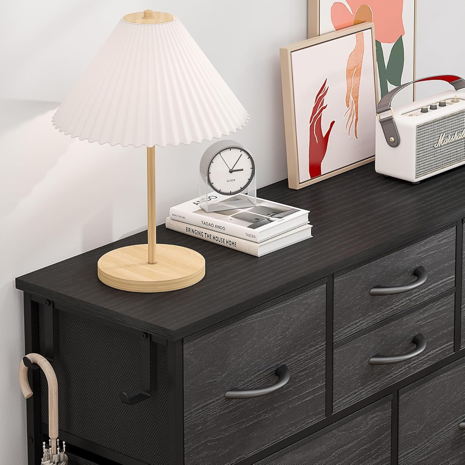 Black Wood Grain 10 Drawer Tall Chest with Fabric Drawers & Side Storage