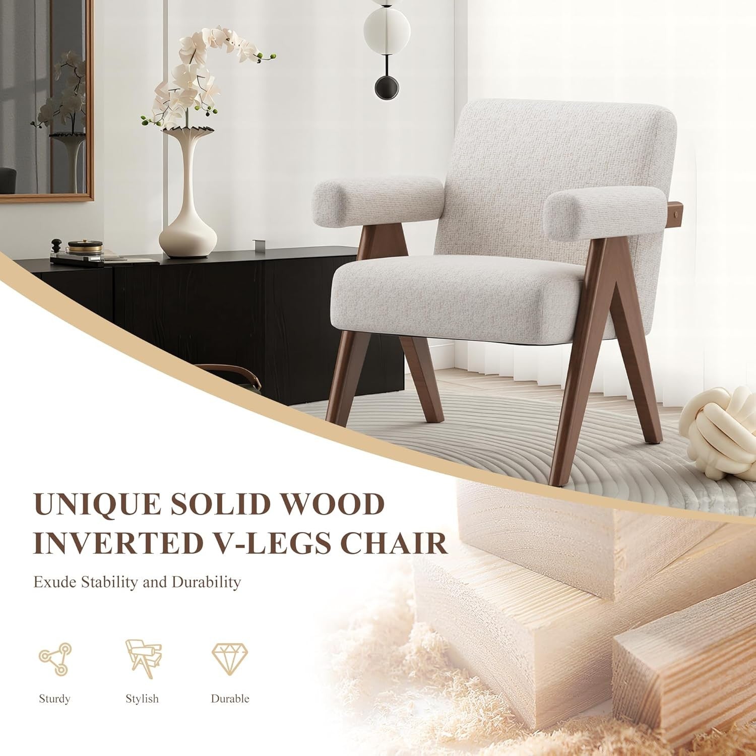 Beige Accent Armchair Upholstered Lounge Chair Wood Frame