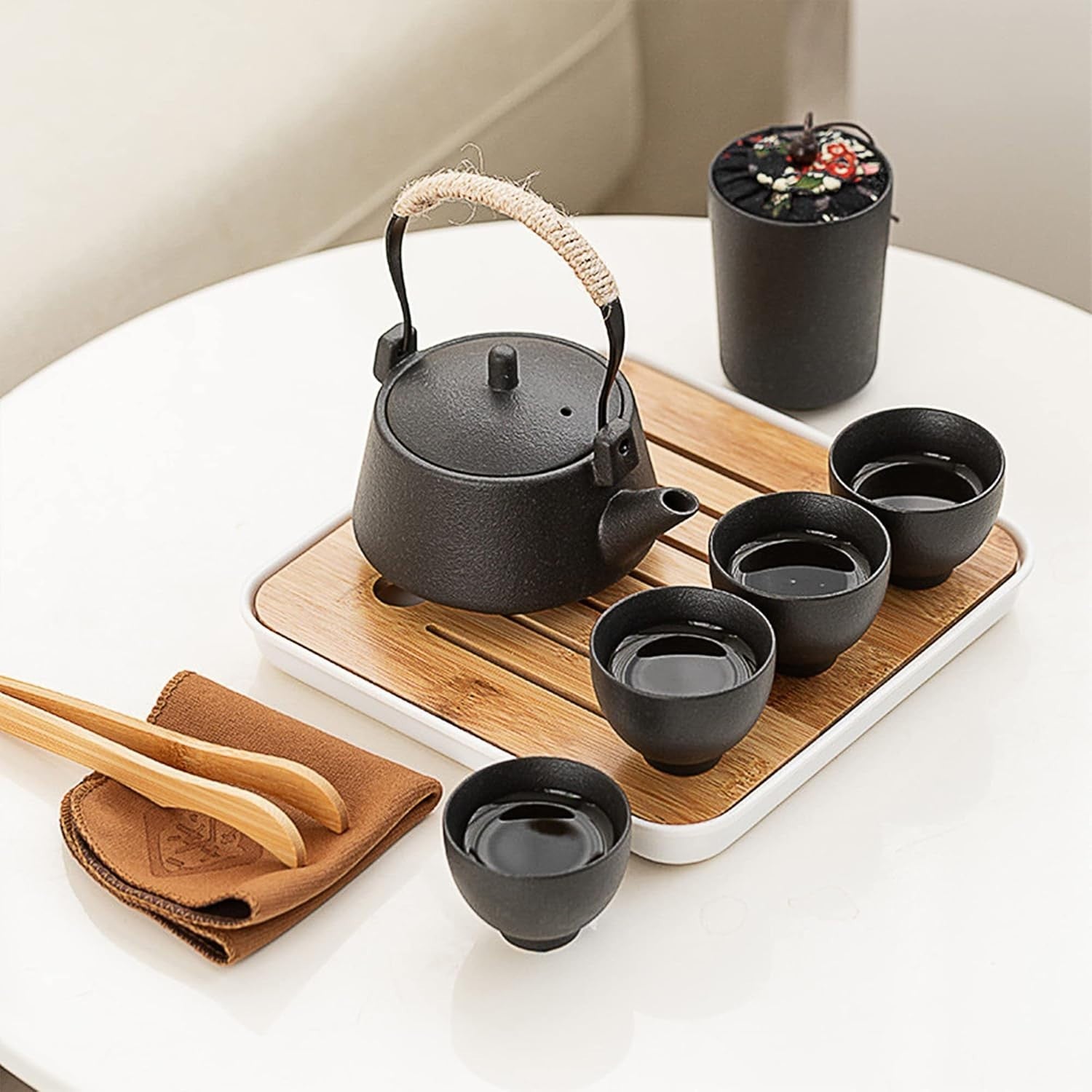 Portable Gongfu Tea Set Black Porcelain Teapot Cups Travel Tea Service