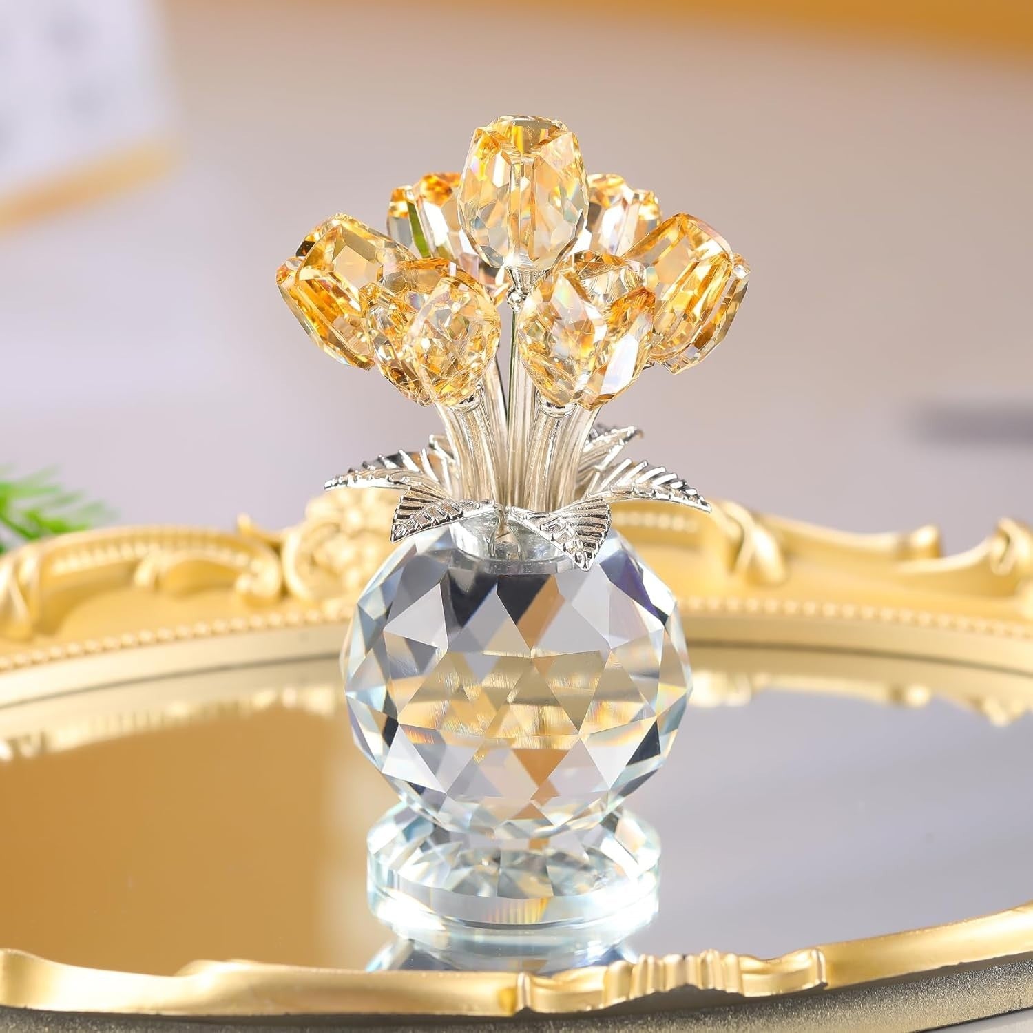 Crystal Tulip Flower Bouquet Ornament Gold – Luxury Glass Gift for Mum Wife