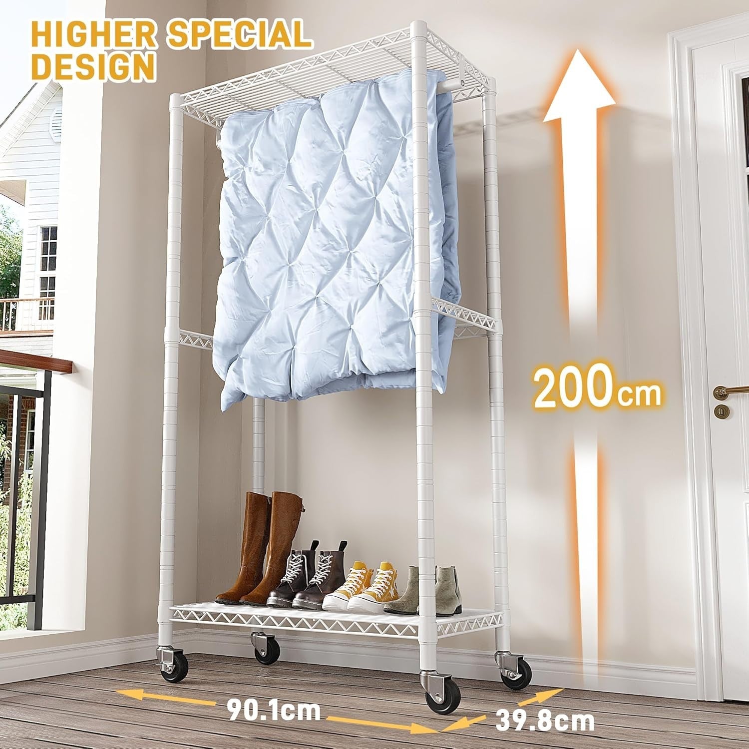 Heavy Duty Clothes Rail with Wheels & Shelves – White 200cm