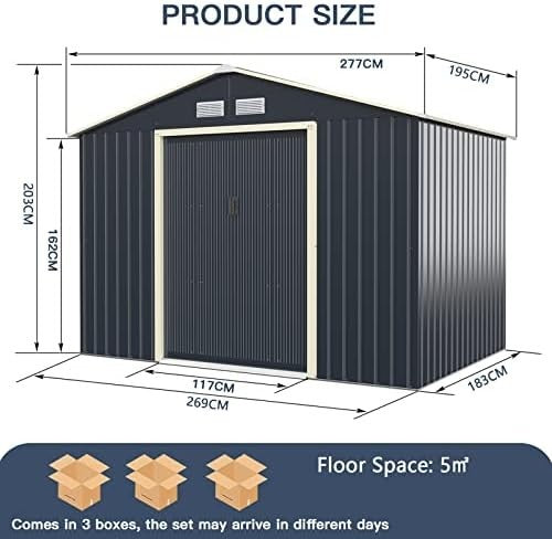 Metal Garden Storage Shed 9x6ft Waterproof Outdoor Tool Shed, Sliding Doors Grey