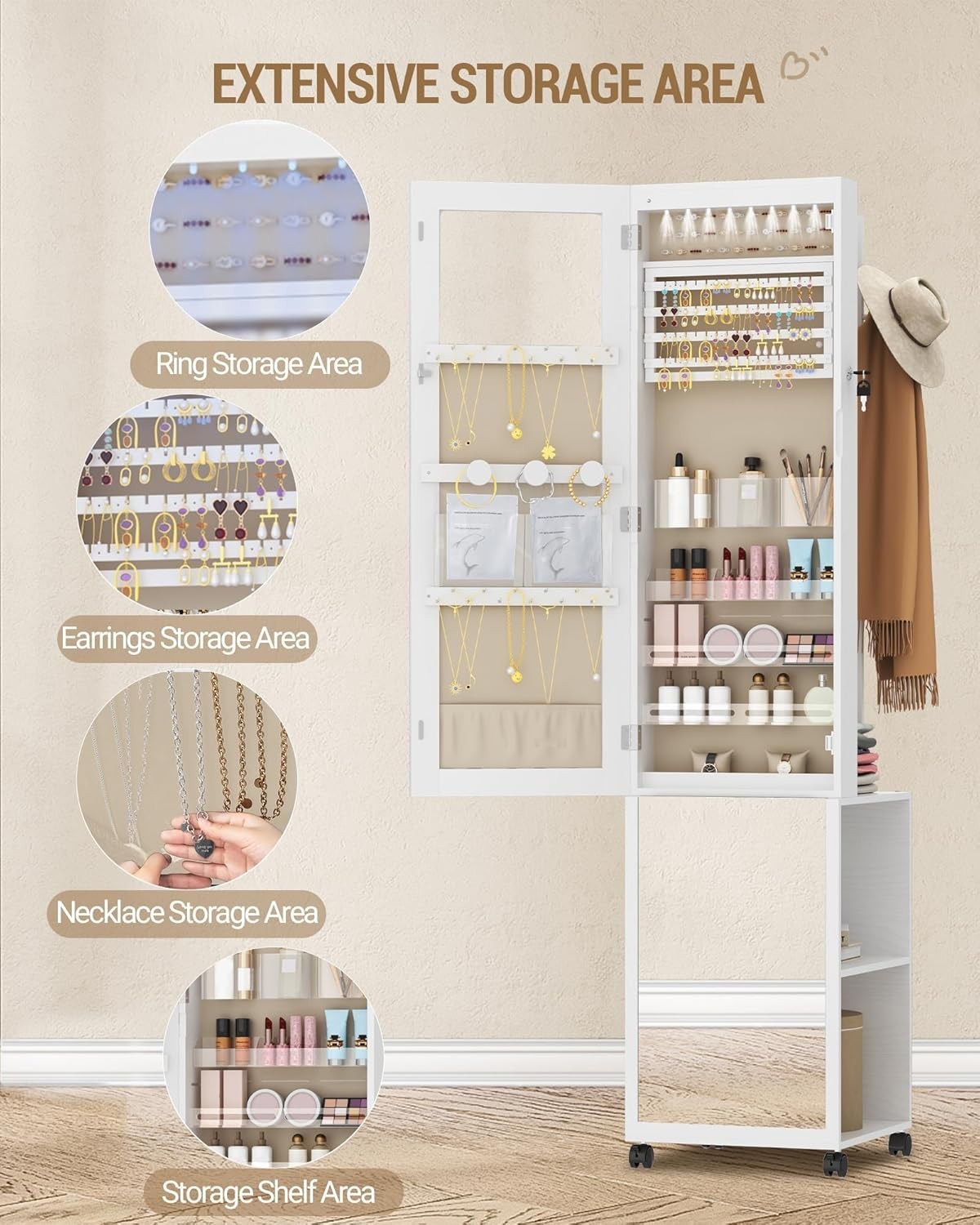 White & Beige LED Jewelry Cabinet Mirror Lockable Rolling Storage Rack