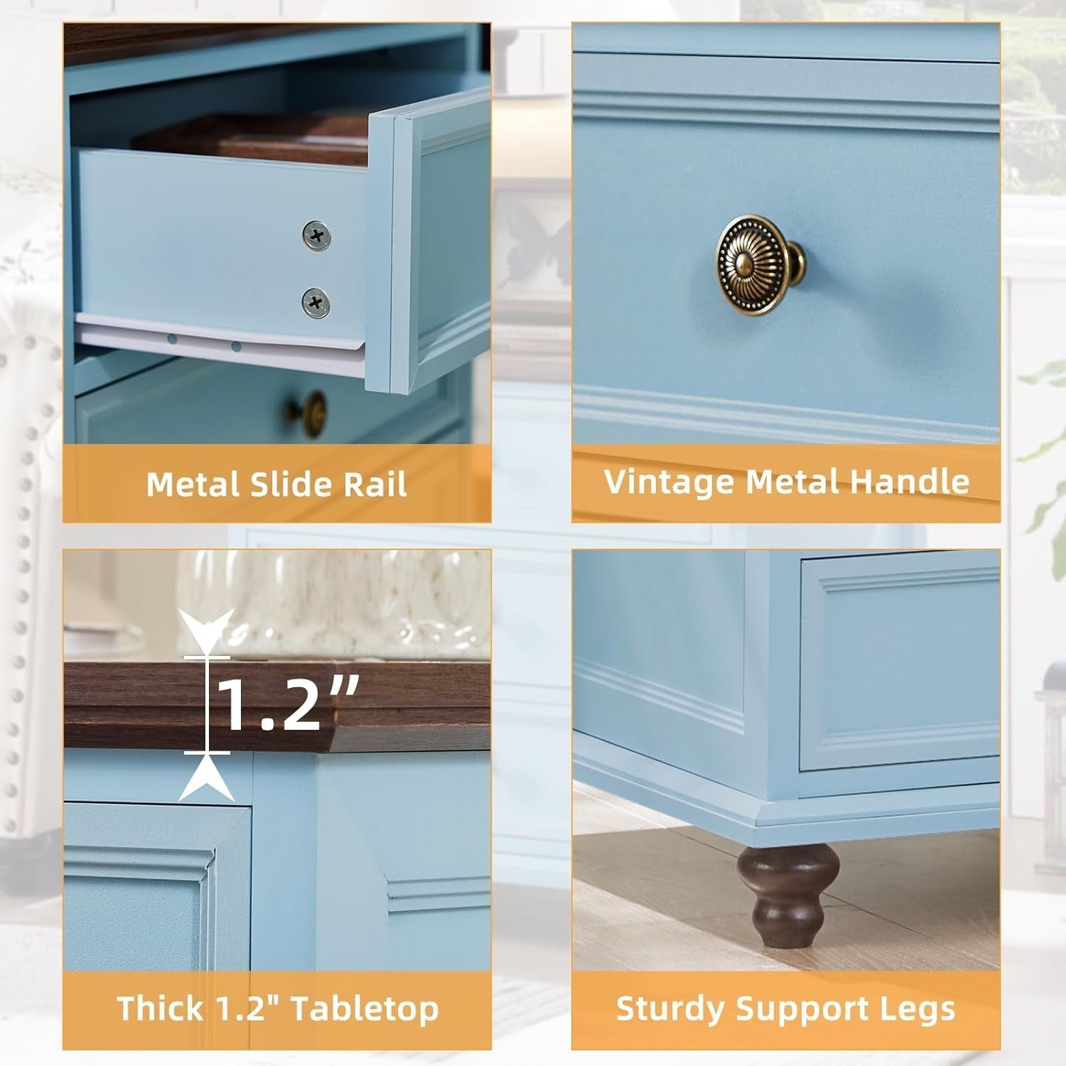 Light Blue Wooden Bedside Table with Drawers – Country Style Nightstand