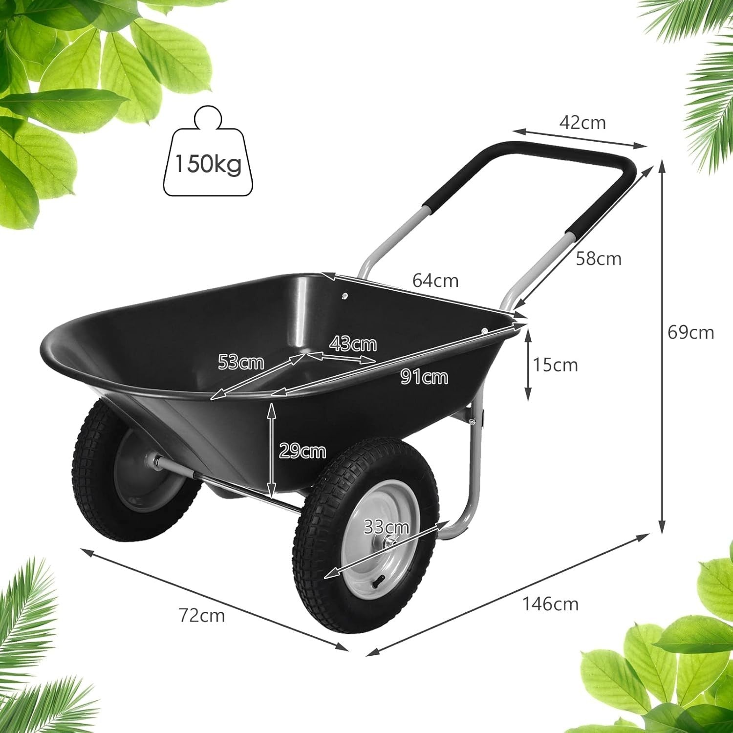 150kg 2-Wheel Garden Black Wheelbarrow – Pneumatic Tyres Heavy Duty Steel Frame