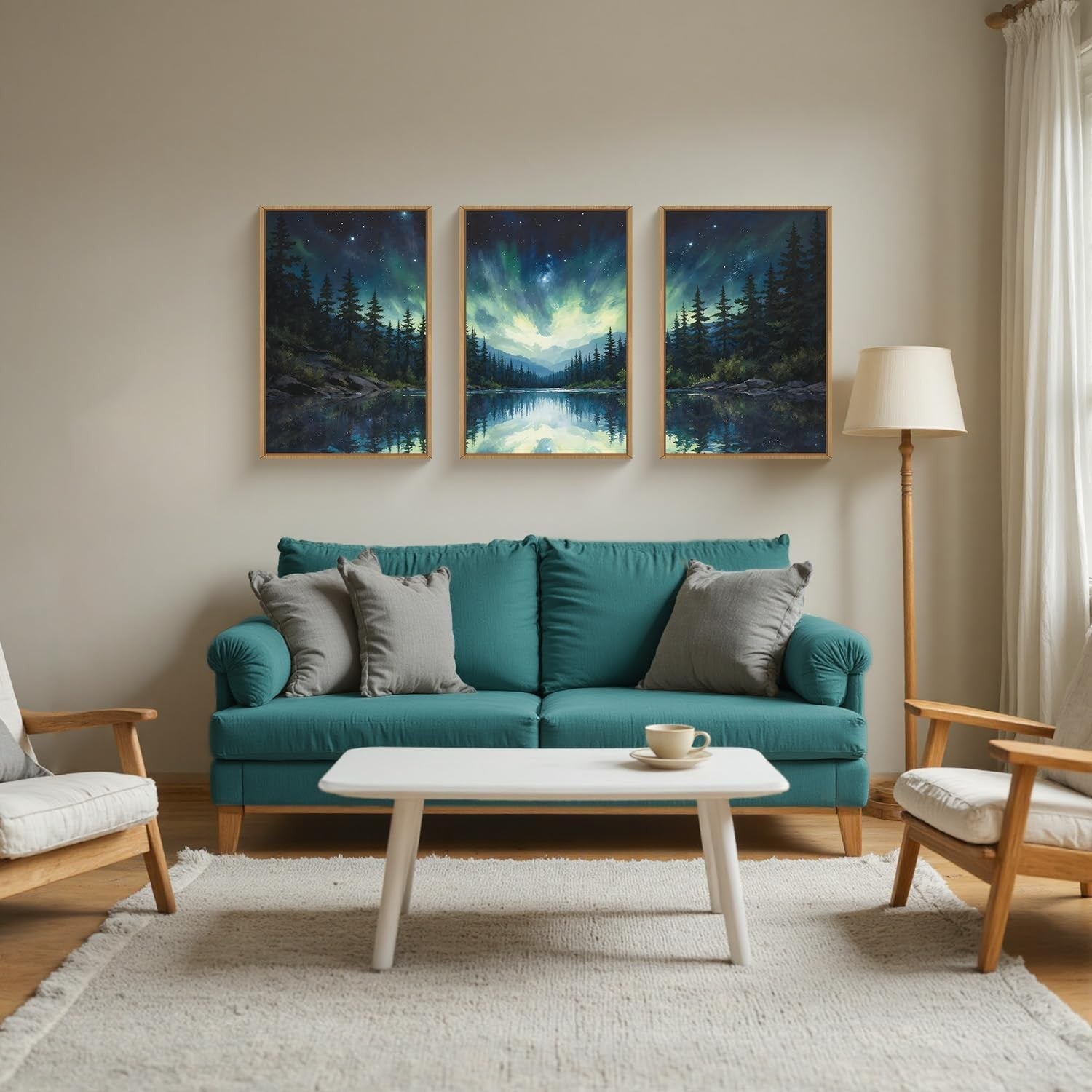 Northern Lights Forest Lake Framed Canvas Wall Art Set Aurora Landscape 16x24
