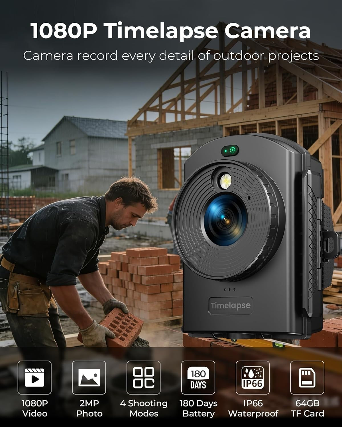 1080P Time Lapse Camera Outdoor Construction 180 Day Waterproof 64GB