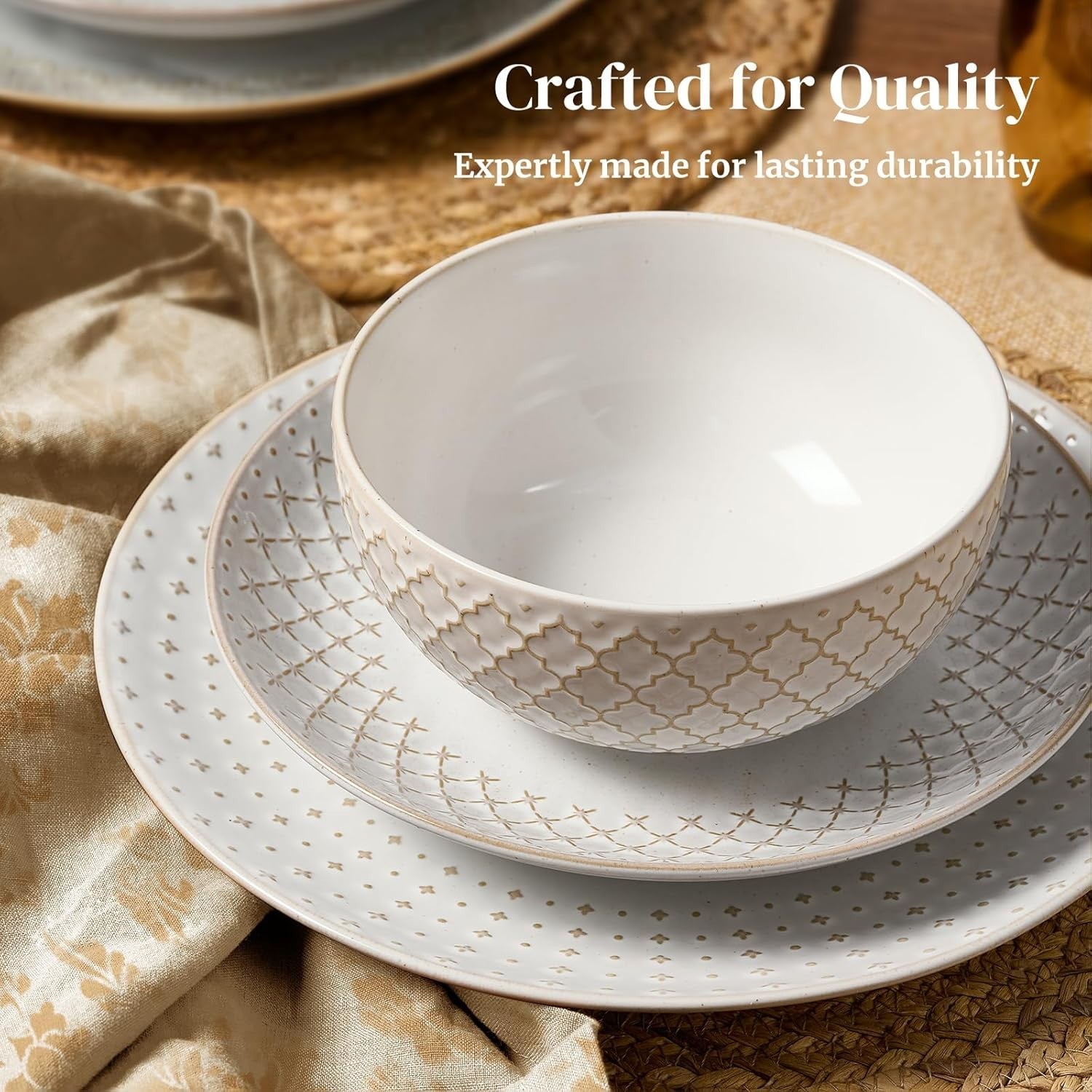 12 Piece Ceramic Dinner Set Plates Bowls Beige Modern Tableware Dishwasher Safe