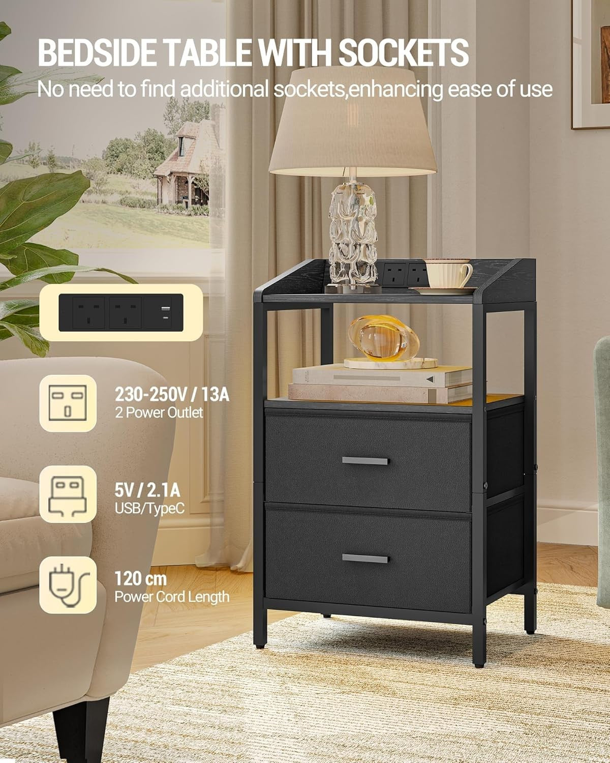 Black Bedside Table with USB Type-C Charging Ports & 2 Drawers