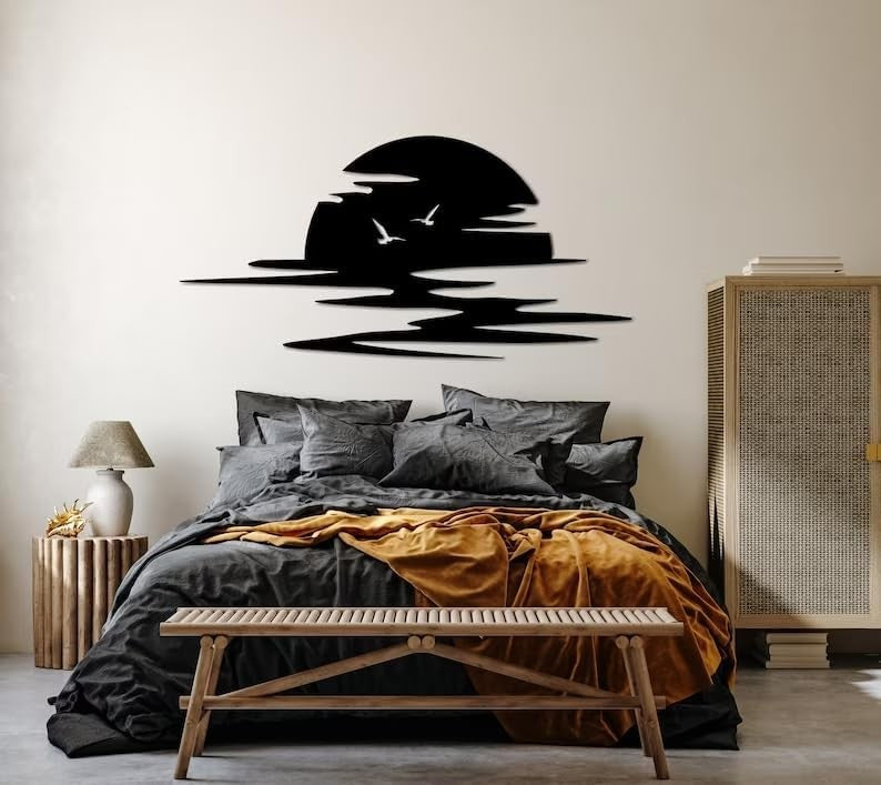 Large Metal Sun Wall Art 74x37cm Black Sunrise Decor