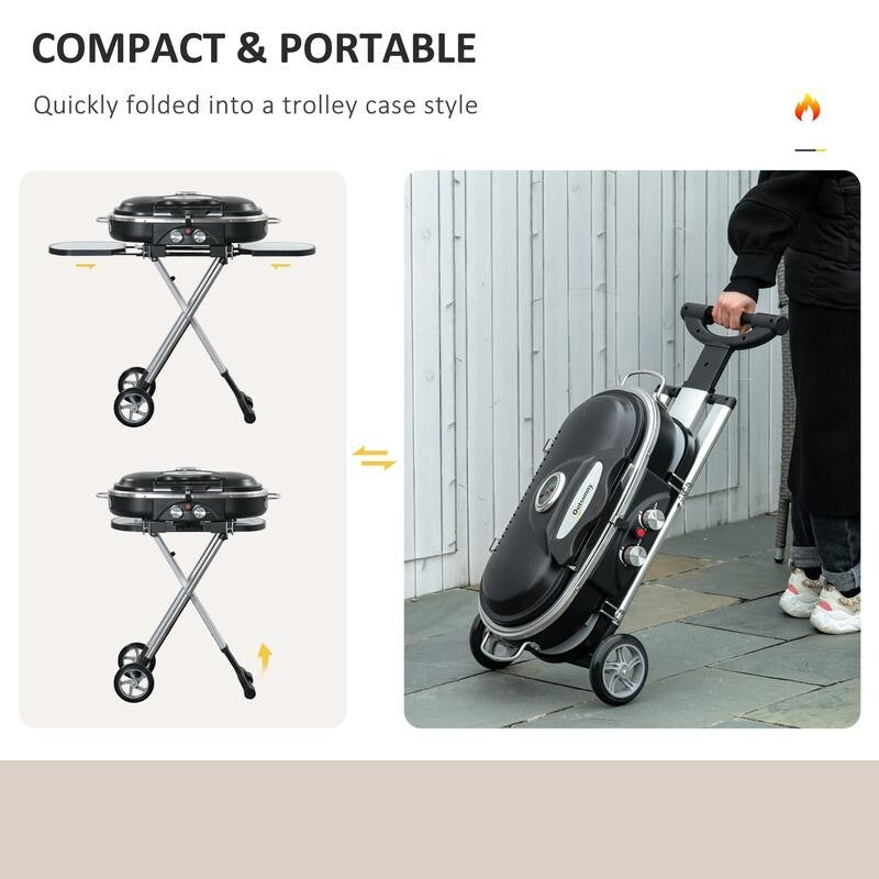 2 Burner Foldable Gas BBQ Grill w/ Thermometer, Shelves & Wheels Portable