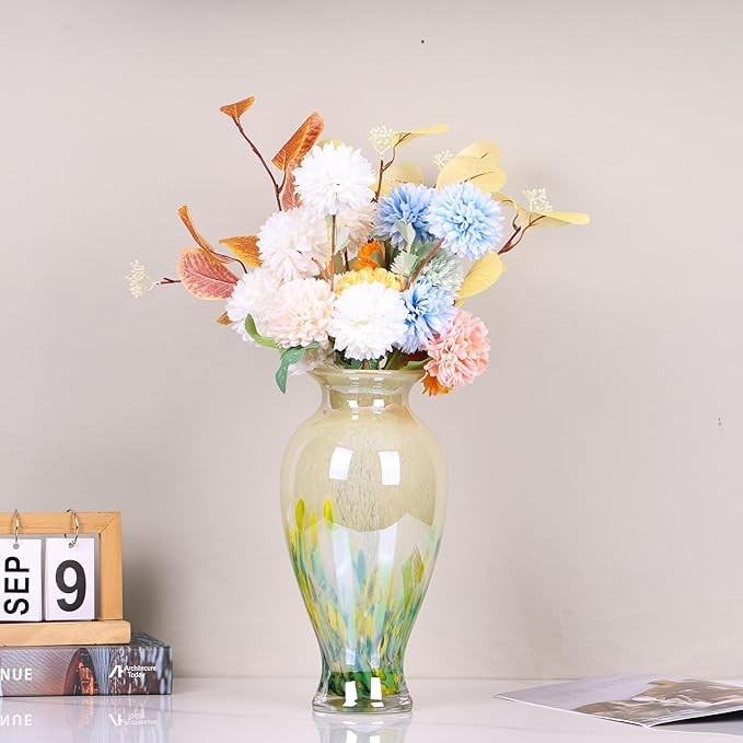 Hand Blown Glass Vase Tall 30cm Green Art Flower Vase Table Centerpiece