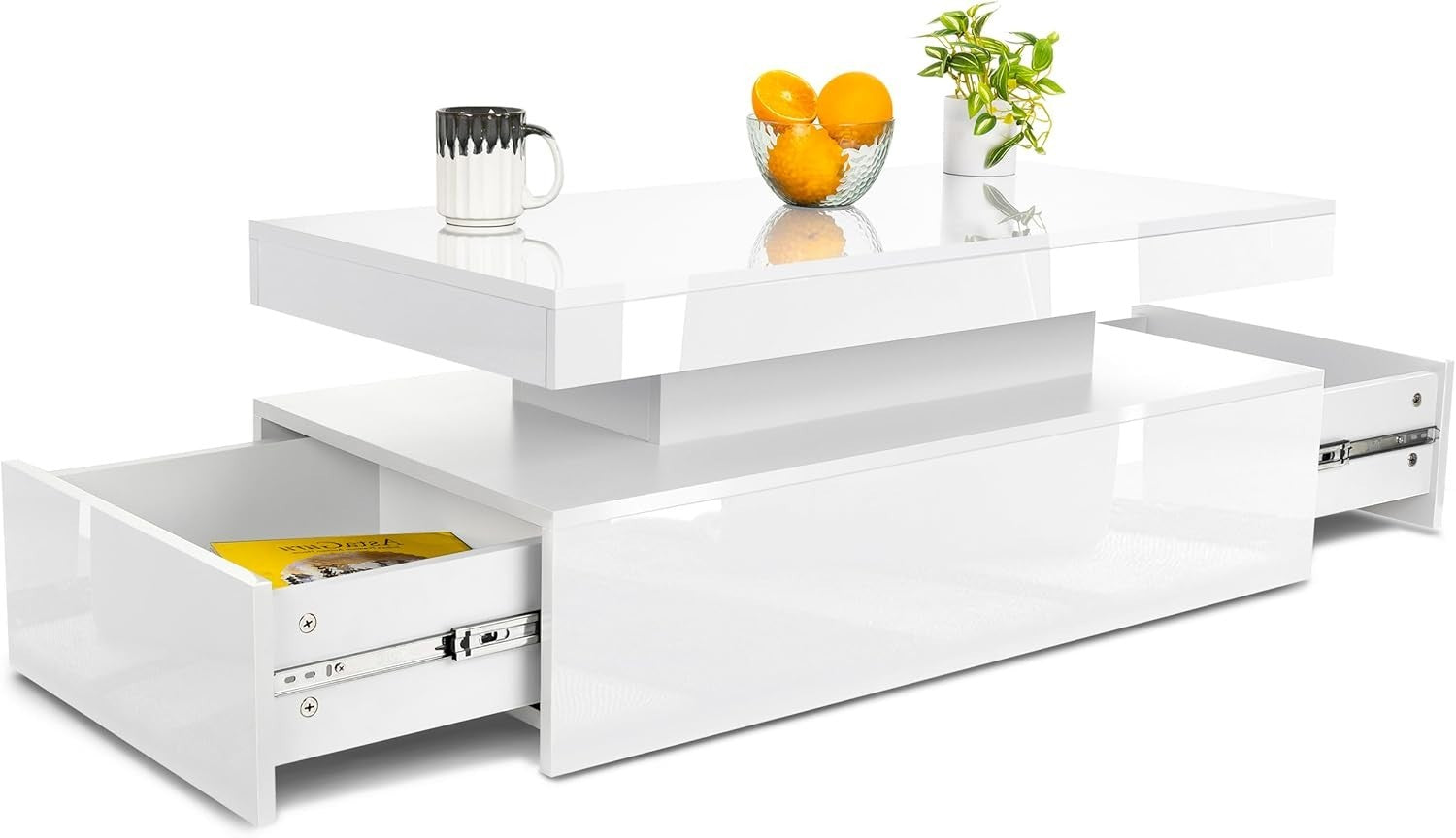 White High Gloss LED Coffee Table with Storage Drawers | 94cm RGB Lights