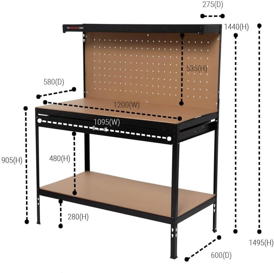 Heavy Duty Workshop Tool Bench Steel Frame Drawer Pegboard Shelves 230kg