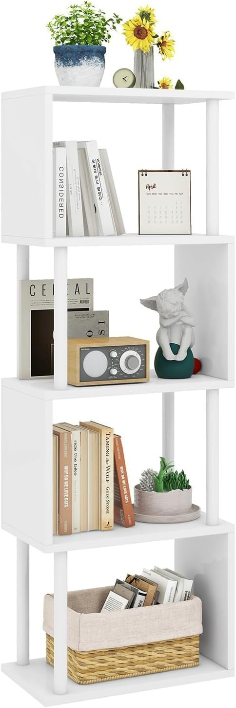 5 Tier S Shaped Bookcase White Modern Wood Display Storage Shelf 155cm