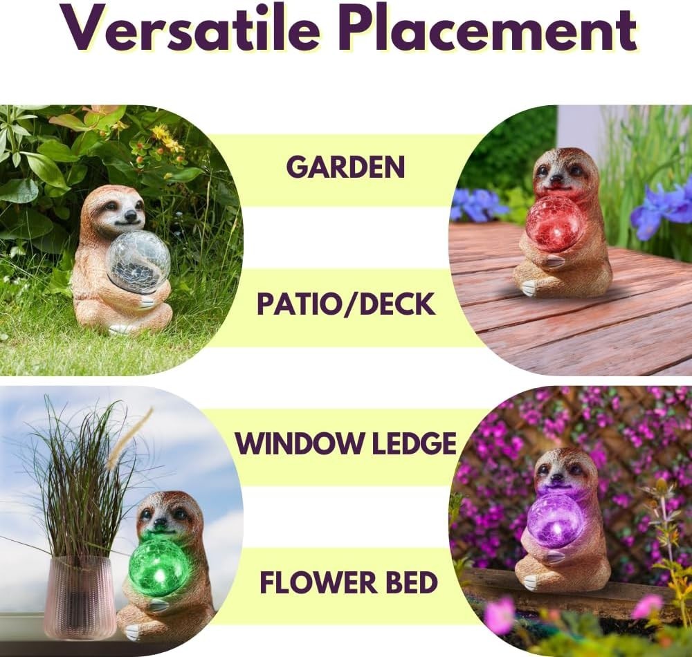 Solar Sloth Garden Ornament 37cm Crackle Ball LED Light Outdoor Patio Decor Gift