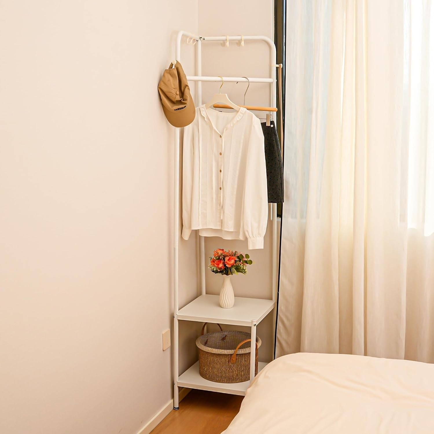 Metal Corner Coat Rack with Shelves | Space Saving Hallway Clothes Stand