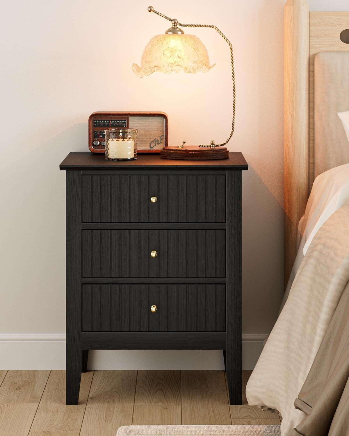 Modern Black Bedside Table with 3 Drawers Wooden Nightstand Bedroom Storage